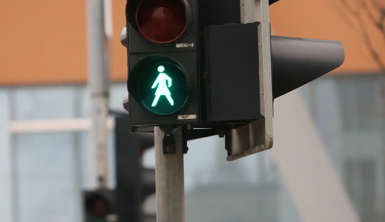 Lampu lalu lintas khusus pejalan kaki yang menampilkan simbol wanita di Vilnius, Lituania, Jumat (2/11). Hal itu untuk merayakan ulang tahun ke-100 wanita memperoleh pengakuan internasional dalam pemungutan suara di negara baltik. (Petras Malukas/AFP)