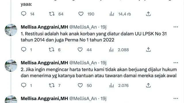 Penjelasan pengacara David Ozora, Mellisa Anggraini, soal pengajuan restitusi ke keluarga Rafael Alun Trisambodo. (Foto: Dok. Instagram @MellisA_An)