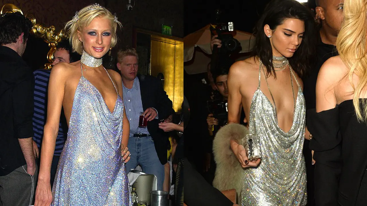 Kendall Jenner menggunakan gaun yang mirip dengan milik Paris Hilton. (via. E!News)