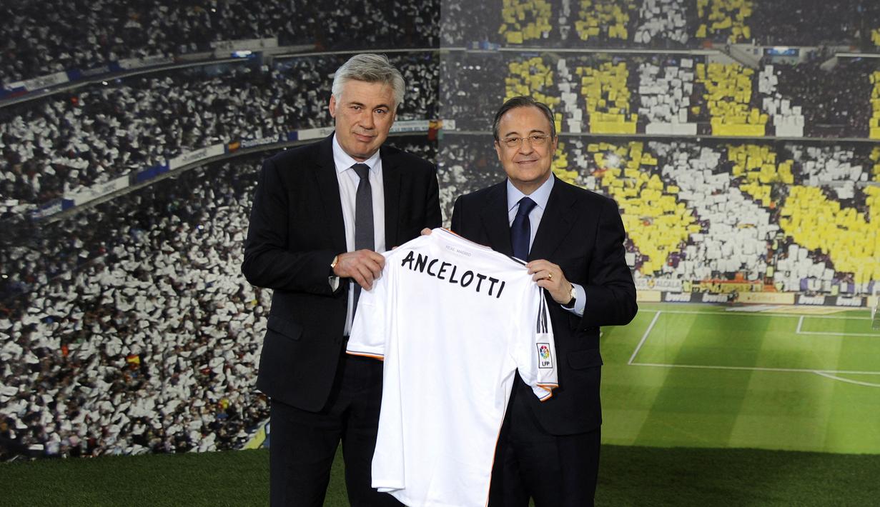 Carlo Ancelotti resmi diperkenalkan sebagai manajer Real Madrid di periode pertamanya pada 25 Juni 2013. Ia menggantikan posisi yang ditinggalkan Jose Mourinho dengan kesepakatan kontrak selama tiga musim. (AFP/Dominique Faget)