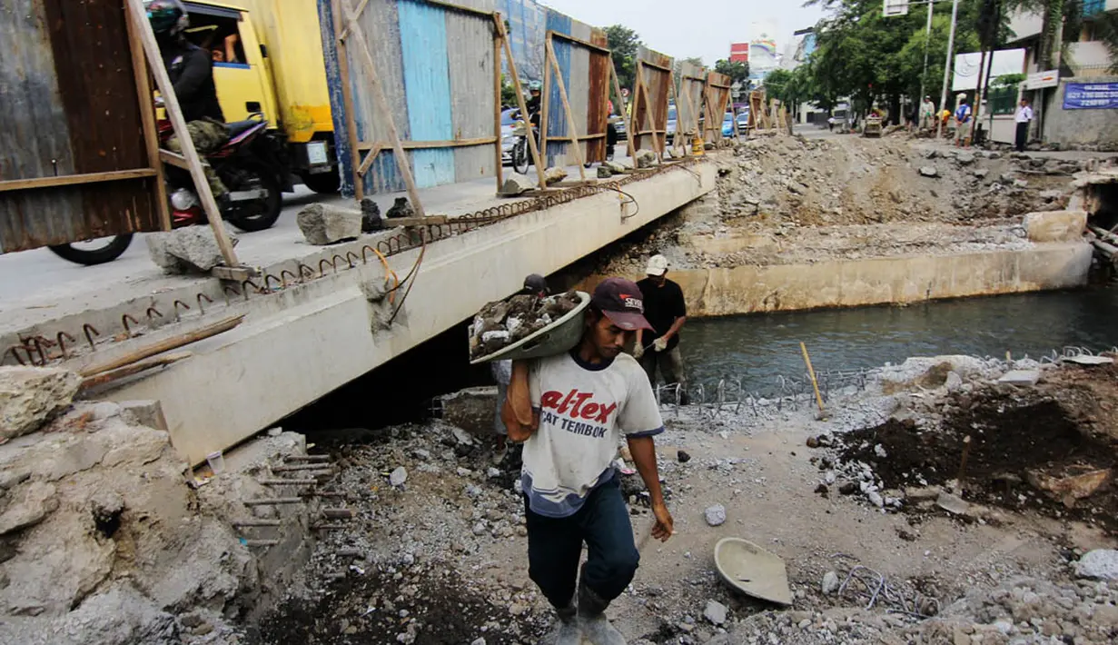 Jembatan Kali Mampang ditinggikan untuk mengantisipasi amblasnya jalan akibat saluran air yang meluap, Jakarta, Kamis (5/6/14). (Liputan6.com/Faizal Fanani)