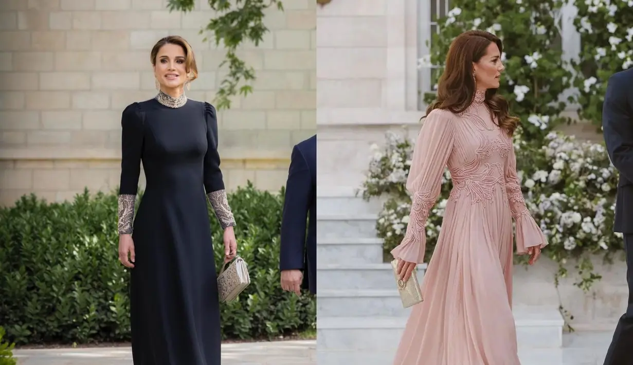 Kate Middleton dan Queen Rania dari Yordania disebut memiliki gaya elegan yang mirip. Termasuk saat hadir di pernikahan Putra Mahkota Hussein (@queenrania -@royalinstablog)