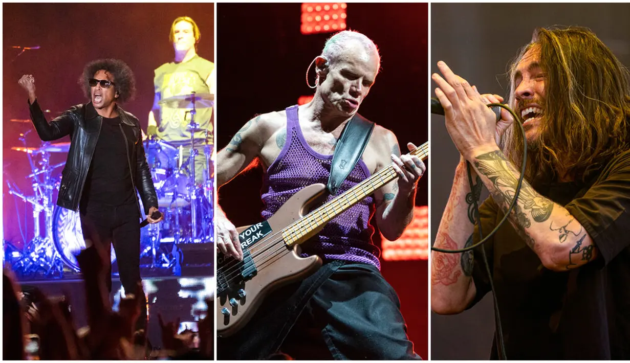 Foto kolase Flea dari Red Hot Chili Peppers (tengah), William Duvall dari Alice In Chains (kiri), dan Brandon Boyd dari Incubus (kanan) saat tampil pada festival musik Louder Than Life di Kentucky Exposition Center, Louisville, Kentucky, Amerika Serikat, 25 September 2022. (Photo by Amy Harris/Invision/AP)