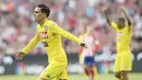 Striker Napoli, Jose Callejon, melakukan selebrasi usai mencetak gol ke gawang Atletico Madrid pada laga turnamen pramusim Audi Cup 2017 di Stadion Allianz, Munchen, Selasa (1/8/2017). Atletico Madrid menang 2-1 atas Napoli. (AP/Sven Hoppe)