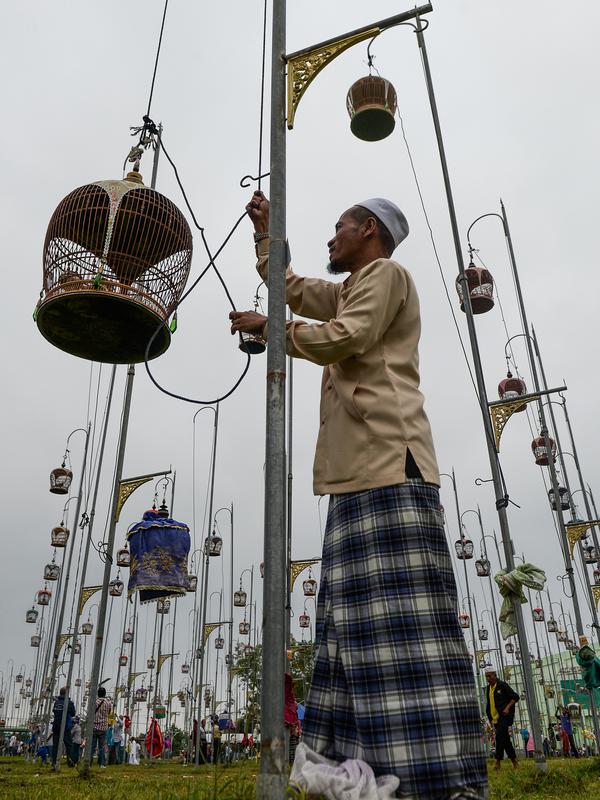 Seorang peserta menaikkan burung peliharaannya saat mengikuti kontes burung berkicau di Provinsi Narathiwat di Thailand selatan (22/9/2019). Lebih dari 1.800 burung dari Thailand, Malaysia, dan Singapura mengambil bagian dalam kontes tahunan. (AFP Photo/Madaree Tohlala)