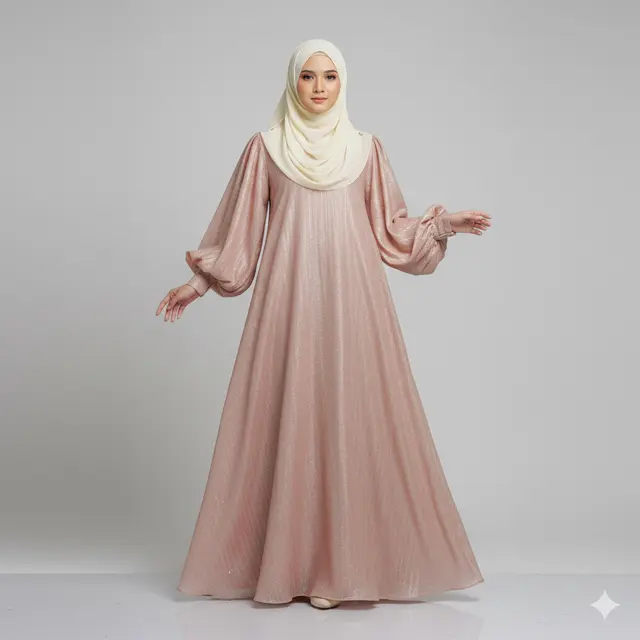 Gamis Syari Shimmer Polos dengan Lengan Balon