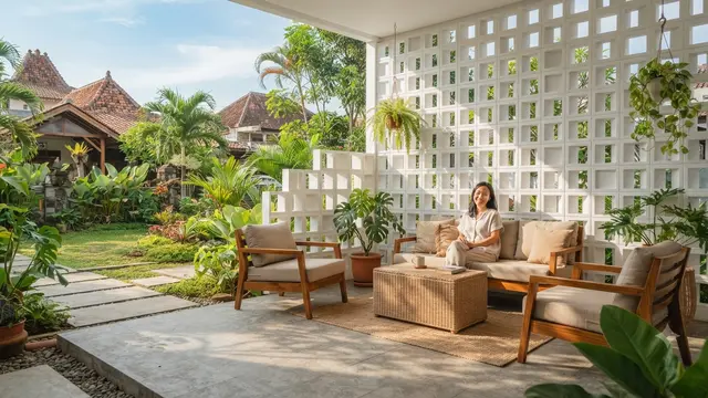 Outdoor Lounge Menggunakan Roster sebagai Dinding Privasi dengan Estetika Terbuka Tapi aman Model Putih Bergaya Modern