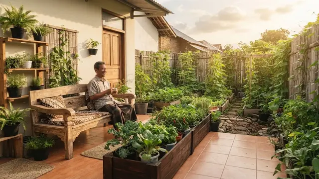 Ide teras minimalis menghadap kebun sayur organik di lahan sempit model bangku menghadap kebun