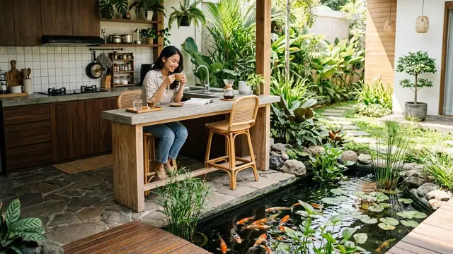 Desain Dapur Semi Outdoor dengan Kolam Ikan Mini