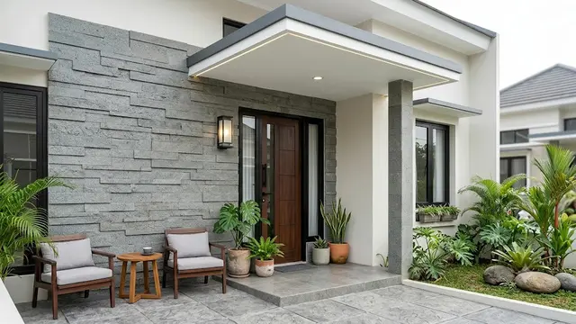 6 Inspirasi Teras Rumah Tipe 36 dengan Sentuhan Batu Alam, Bikin Fasad Makin Estetik