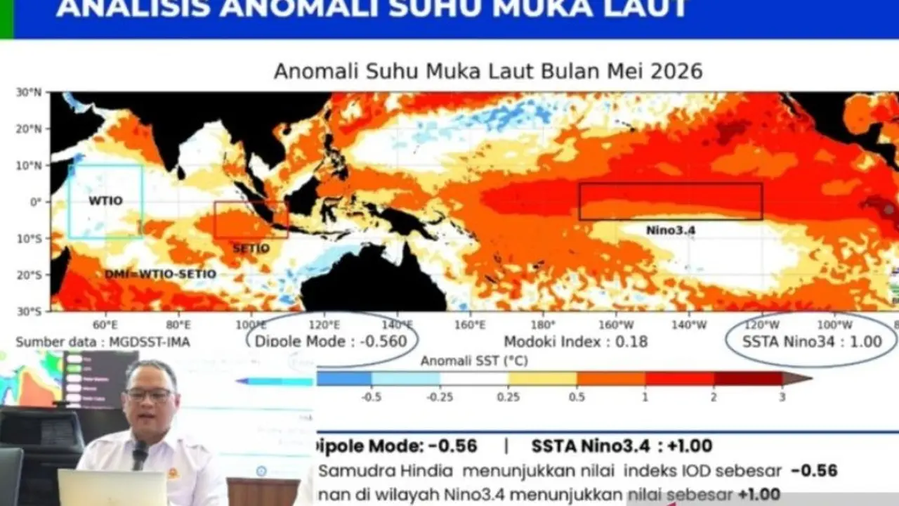 Deputi Bidang Klimatologi BMKG Ardhasena Sopaheluwakan memberikan penjelasan dalam konferensi pers 'Perkembangan Musim Kemarau Indonesia 2026' di Jakarta, Rabu (10/6/2026).