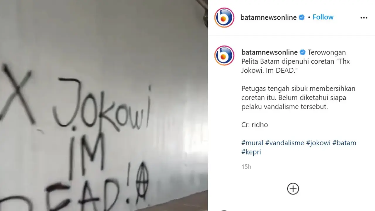 Terowongan Pelita, Kota Batam dicoret oknum warga. (Foto: instagram @batamnewsonline)