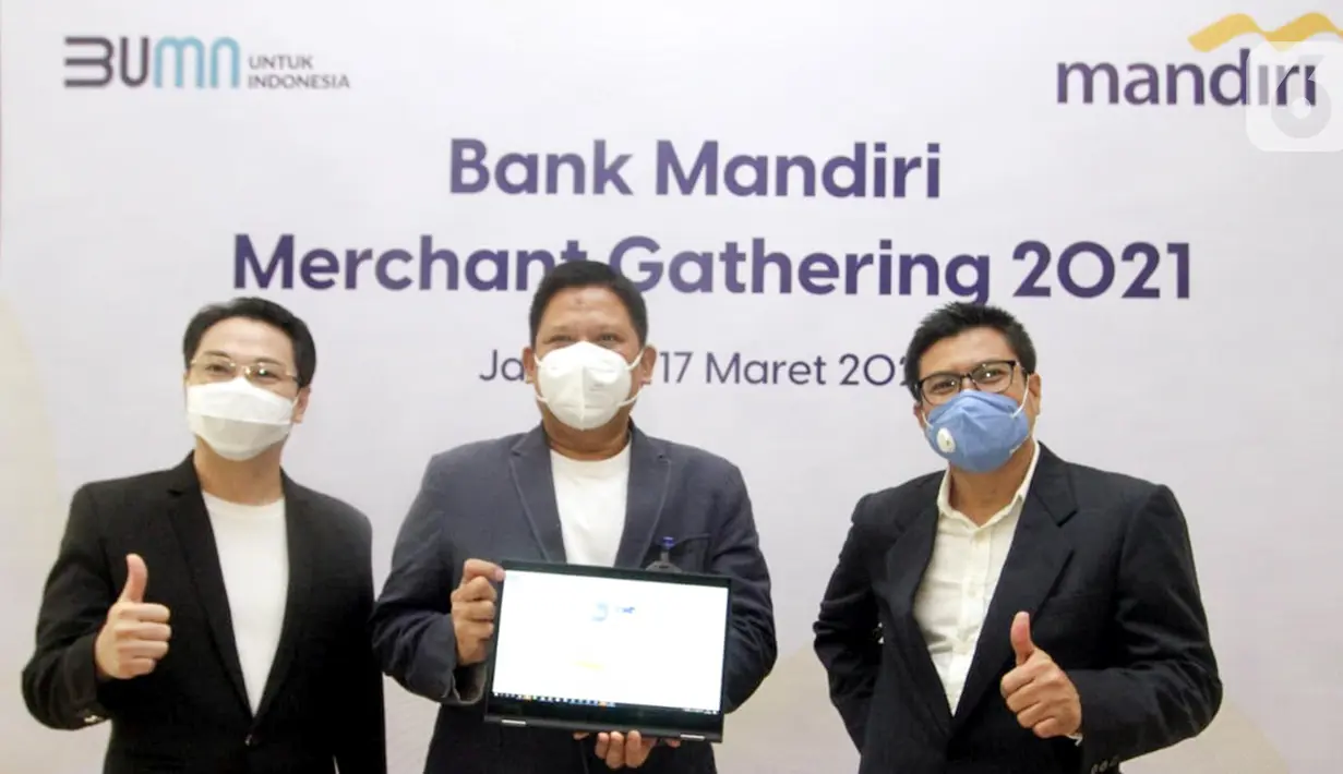 Bank Mandiri memberikan update informasi terkini mengenai perseroan, termasuk layanan digital perbankan terbaru dan rencana bisnis, serta meningkatkan jumlah merchant yang menjadi mitra perseroan guna memperluas akses transaksi online masyarakat. (Liputan6.com/Pool/PR)