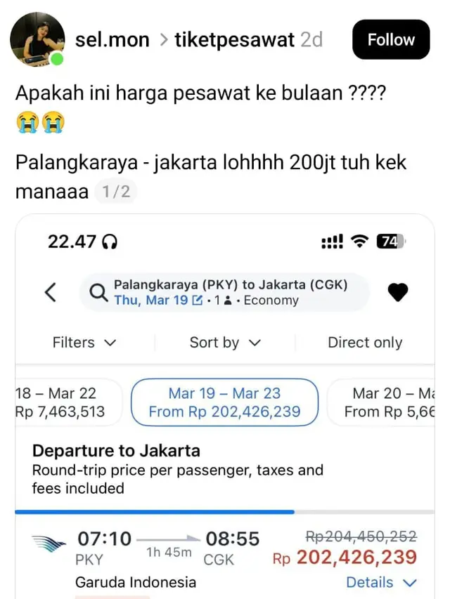 Viral Tiket Pesawat Palangkaraya - Jakarta Rp 204 Juta, Garuda Indonesia Angkat Bicara