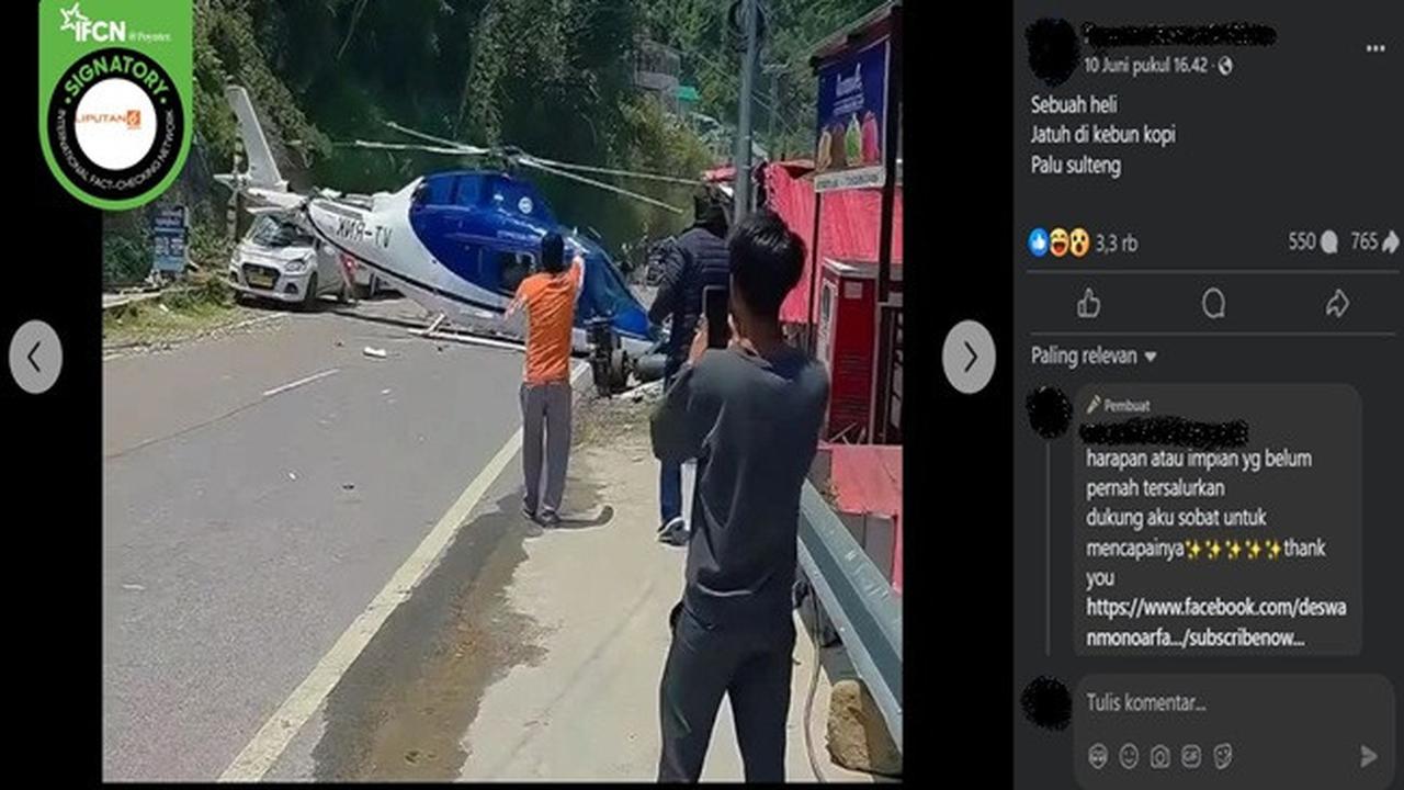 Gambar tangkapan layar foto yang diklaim sebuah helikopter jatuh di Palu, Sulawesi Tengah pada 10 Juni 2025. (sumber: Facebook)