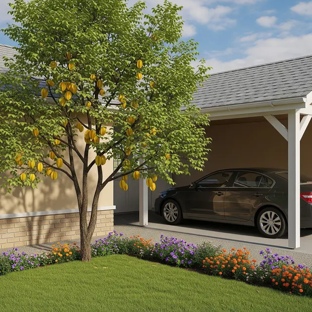Pohon Buah Dekat Carport yang Aman untuk Pondasi Rumah (Image by Gemini AI)
