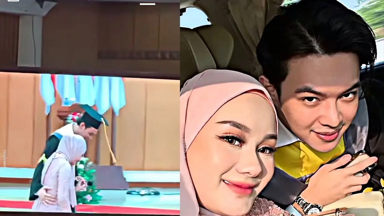 Rey Mbayang wisuda sambil mengajak istrinya, Dinda Hauw naik ke atas podium