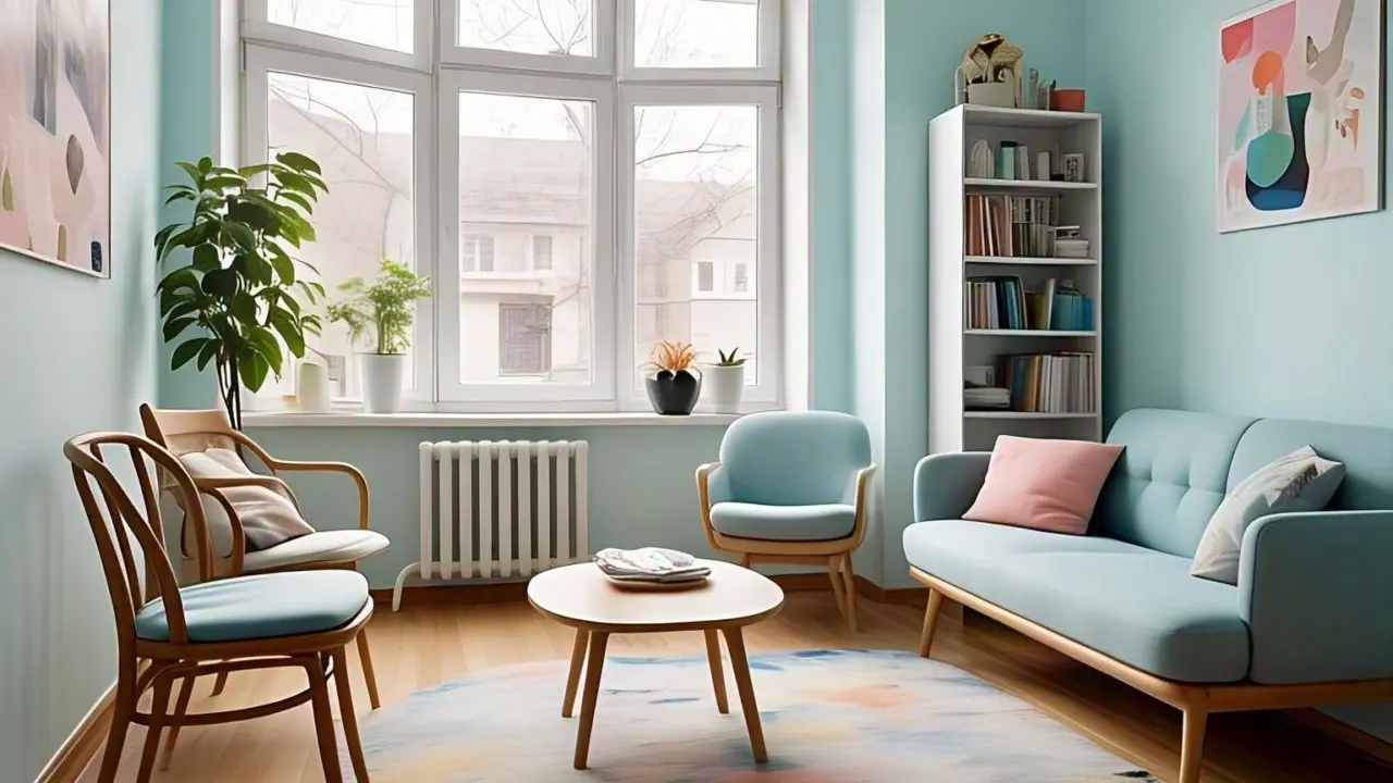 Contoh Desain Ruang Tamu di Ruang Sempit dengan Gaya Minimalis Cerah dan Warna Pastel/ChatGPT