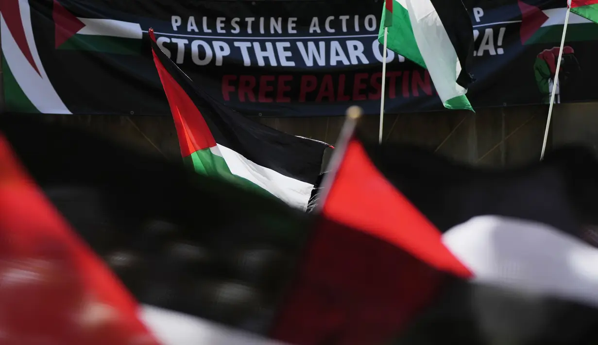 Bendera Palestina dikibarkan di depan spanduk saat orang-orang berkumpul dalam unjuk rasa pro-Palestina di Sydney, Sabtu, 21 Oktober 2023. (AP Photo/Rick Rycroft)