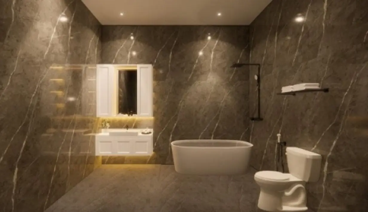 Di kamar mandi juga terasa mewah dengan perabot-perabot kualitas atas. Terdapat bathtub dan lighting yang apik menerangi ruangan. [Instagram @angellelga]