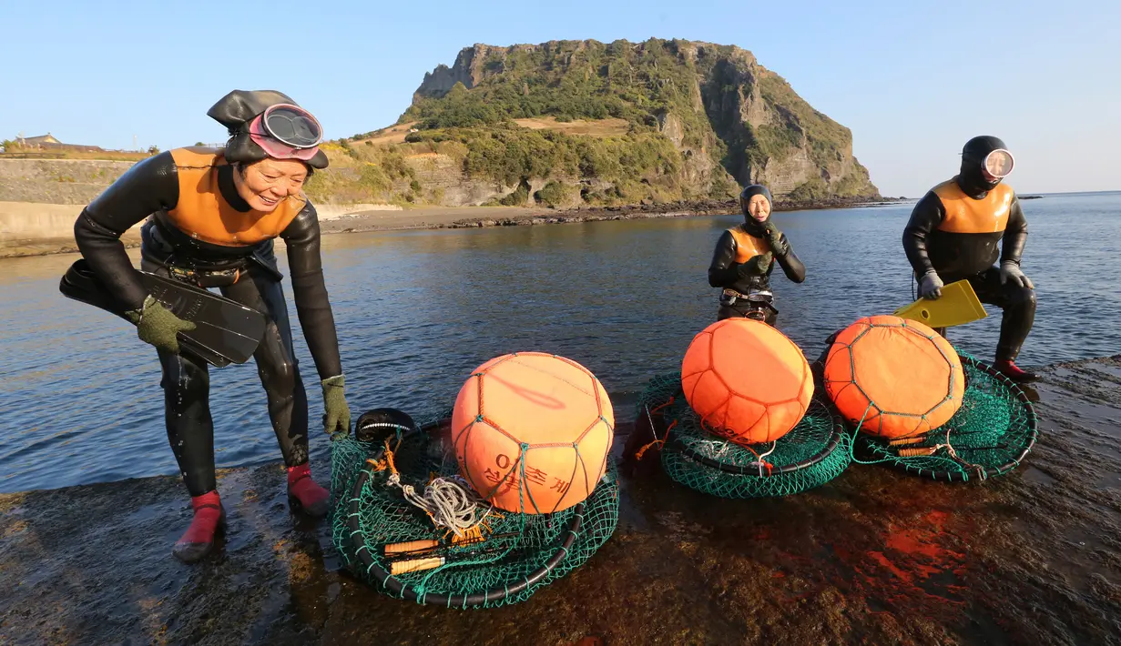 Haenyeo Korea Selatan keluar dari air setelah menangkap kerang dan abalone di pulau Jeju, 23 November 2018. Haenyeo merupakan sebutan untuk para penyelam wanita yang berasal dari pesisir Korea dengan jangka umur 35 sampai 90 tahun. (AP/Ahn Young-joon)