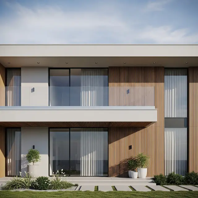 Fasad Modern dari Perpaduan Beton, Kaca, dan Kayu (AI Generated)
