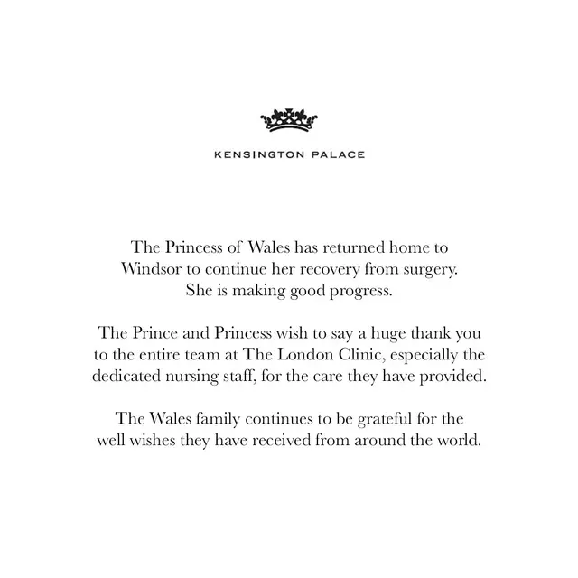 Unggahan Istana Kensington mengenai kondisi Kate Middleton. (Instagram/ princeandprincessofwales)