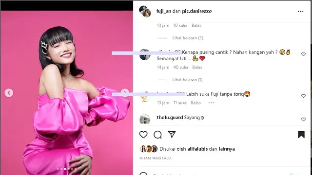 Pemotretan Fuji memakai dress shocking pink (Foto: Instagram fuji_an)