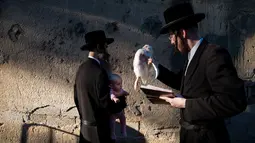 Pria Yahudi ultra-Ortodoks mengayunkan ayam memutari kepala bayi dalam ritual Kaparot di Bnei Brak, Israel, Minggu (16/9). Tradisi yang dimulai 800 tahun lalu itu digelar sebelum perayaan Yom Kippur atau Hari Penebusan pada Selasa esok. (AP/Oded Balilty)
