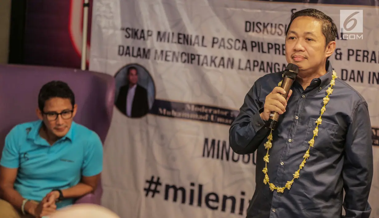 Pendiri Garbi Anis Matta saat berbicara dalam acara diskusi milenial di kawasan Jakarta, Minggu (14/7/2019). Anis mengapresiasi Sandiaga yang bisa move on dan tetap berjuang setelah kalah dalam pemilu. (Liputan6.com/Faizal Fanani)