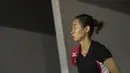 Pebulutangkis tunggal putri Indonesia, Maria Febe, melakukan pemanasan saat akan berlatih bersama tim pelatnas PBSI. (Bola.com/Vitalis Yogi Trisna)