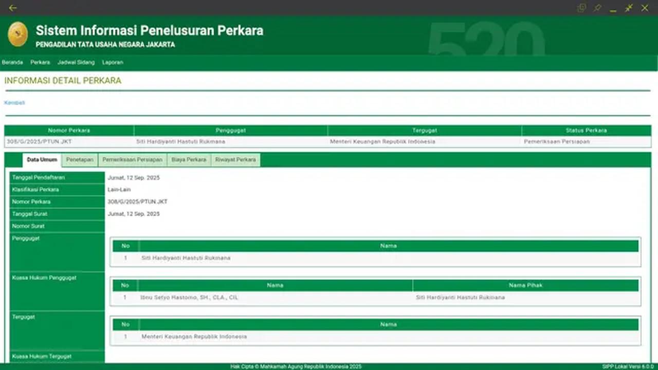 Tangkapan layar pengumuman Pengadilan Tata Usaha Negara (PTUN) Jakarta dengan nomor 308/G/2025/PTUN.JKT.