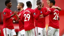 Para pemain Manchester United (MU) merayakan Mason Greenwood ke gawang Bournemouth di Old Trafford, Sabtu (4/7/2020). (Clive Brunskill/Pool via AP)