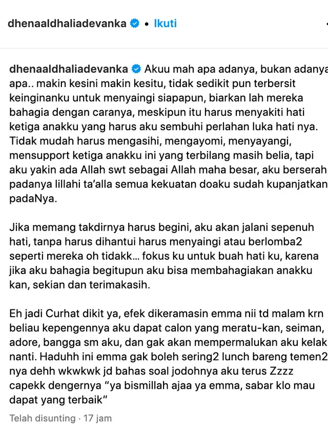 Unggahan Dhena Devanka. (Foto: Dok. Instagram @dhenaaldhaliadevanka)