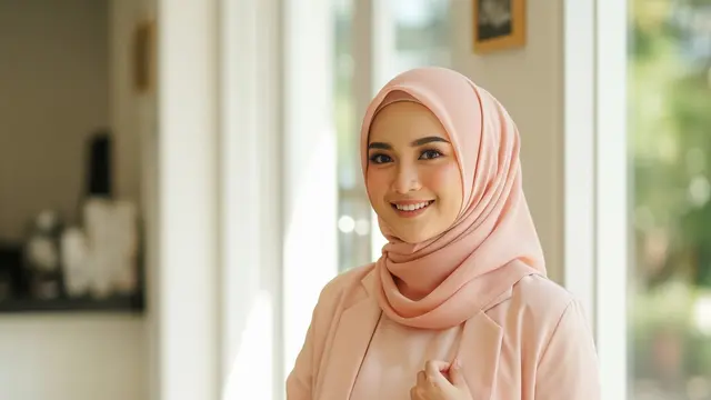 Gamis Satin Flowy dengan Outer Blazer Tipis Warna Senada