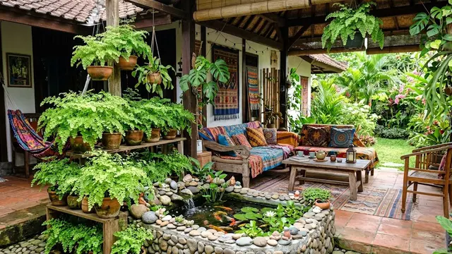 Teras Rumah dengan Tanaman Suplir dan Kolam Mini/AI Generated