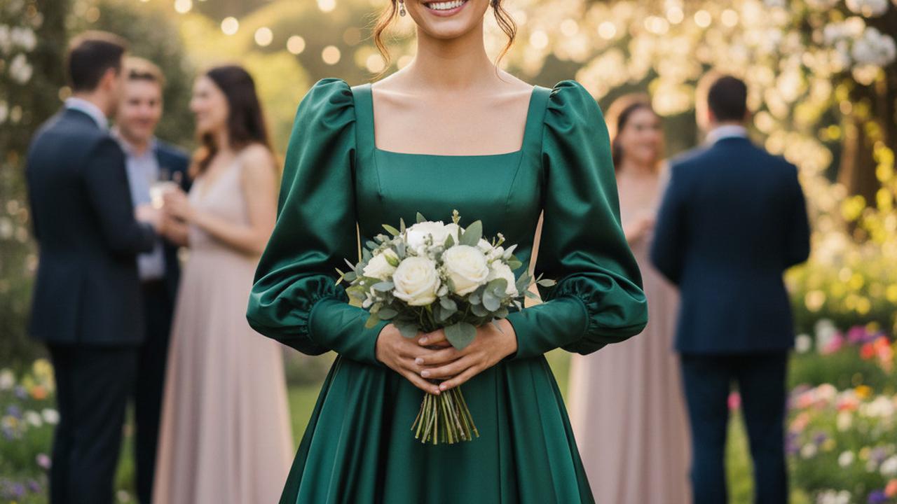 Gaun Satin Lengan Puff / Dengan Detail Puff