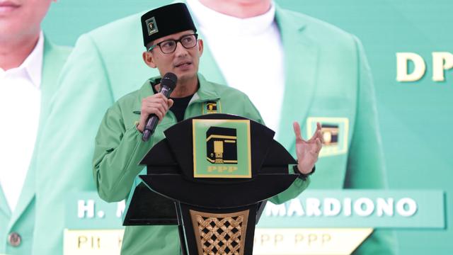 Ketua Badan Pemenangan Pemilu (Bappilu) DPP PPP Sandiaga Uno hadir dalam Bimtek anggota DPRD PPP seluruh Indonesia, di Hotel Mercure Ancol, Sabtu (21/10/2023) (Istimewa)