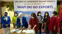 Ikatan Wanita Pengusaha Indonesia (Iwapi) DKI Jakarta dan Roemah Indonesia di Belanda menandatangani MoU di markas Iwapi DKI di Dapur Sunda, Cipete, Jakarta Selatan, Jumat (22/10/2021) siang. (Ist)