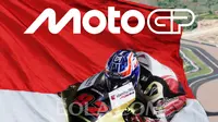 MotoGP - Ilustrasi Mario Suryo Aji, Logo Terbaru MotoGP dan Bendera Indonesia (Bola.com/Adreanus Titus)