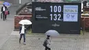 Orang-Orang berjalan di dekat jam hitung mundur untuk Olimpiade dan Paralimpiade Tokyo untuk menandai 100 hari sebelum dimulainya olimpiade musim panas di Tokyo, Rabu (14/4/2021). Olimpiade Tokyo akan dibuka pada 23 Juli 2021. (AP Photo/Koji Sasahara)