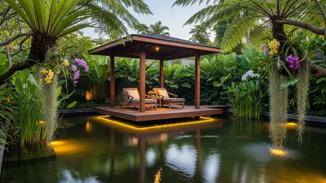 Gazebo Kayu Decking Terapung di Atas Kolam