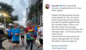 Menkes Budi dan Menparekraf Sandiaga Uno lari bareng mengisi ngabuburit di Bulan puasa dengan lari. (Foto: Instagram bgsadikin)