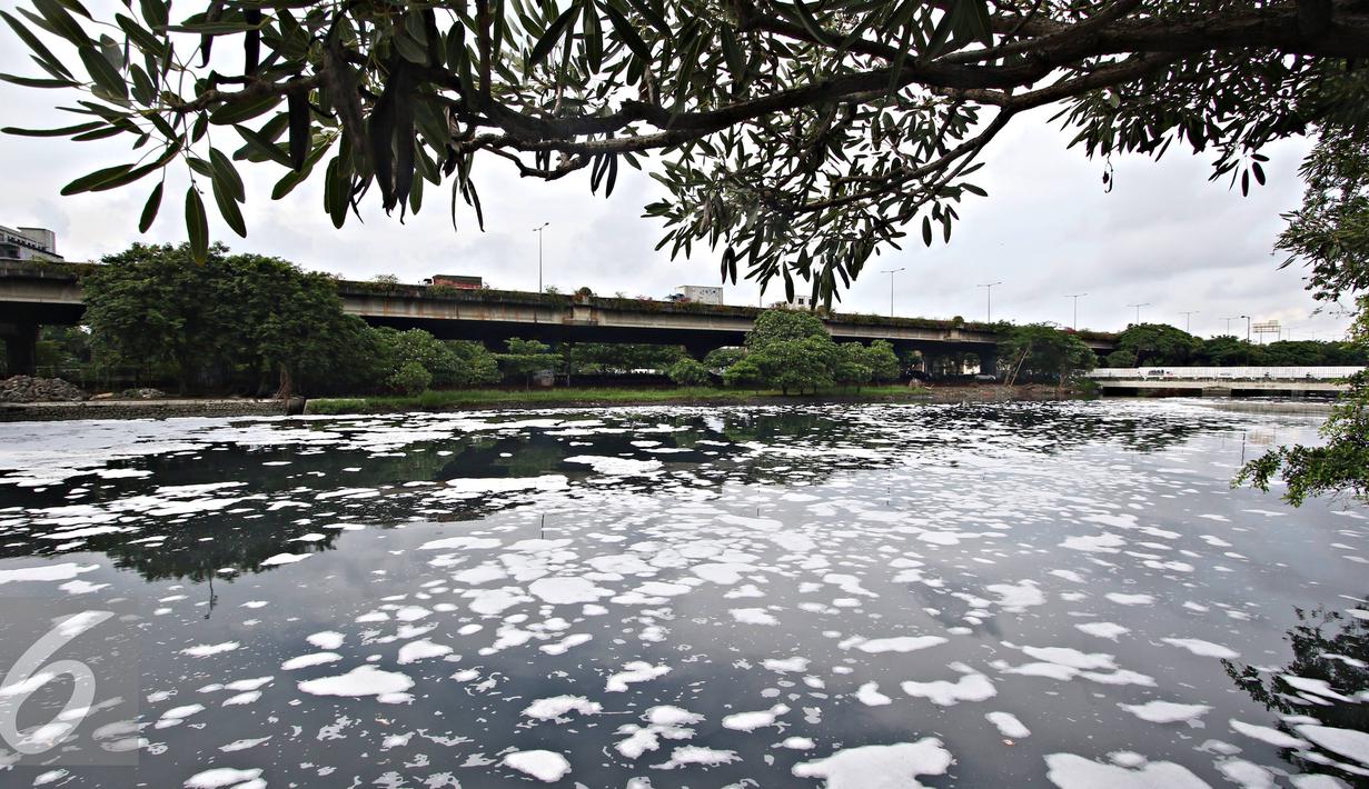 Limbah busa menutupi permukaan air di Kali Ancol, Jakarta, Selasa (16/2). Buruknya tata kelola air di Ibukota menjadi penyebab kondisi Kali Ancol selalu dipenuhi limbah busa, yang merupakan indikator pencemaran air. (Liputan6.com/Immanuel Antonius)