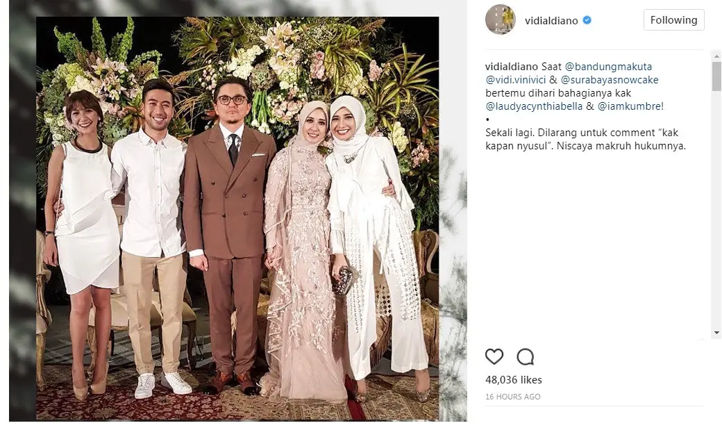 Vidi Aldiano hadiri pernikahan Laudya Cynthia Bella bersama sang kekasih (Foto: Instagram)