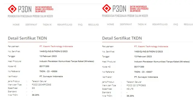 Tangkapan layar dua HP Poco di situs TKDN Kemenperin yang kabarnya adalah Poco X5 GT (kiri) dan Poco C55 (kanan) (Liputan6.com/Giovani Dio Prasasti)