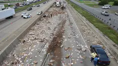 Ratusan pizza beku berserakan di Jalan Raya Arkansas, Amerika Serikat, 9 Agustus 2017. Kejadian disebabkan truk pembawa pizza beku dengan 18 roda kehilangan kendali setelah melintasi jembatan dan terbalik. (Arkansas Department of Transportation via AP)