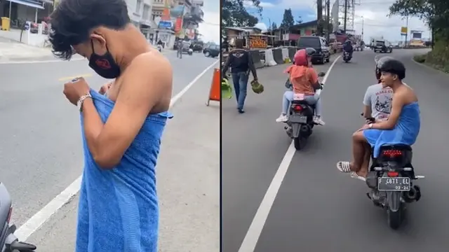 Demi Konten, Pria Ini Rela Keliling Kota Pakai Motor Hanya Menggunakan Handuk