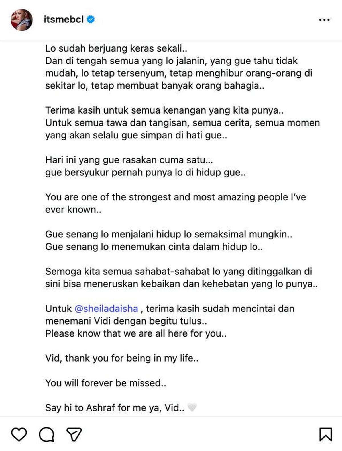 Surat Terbuka BCL untuk Vidi Aldiano Bikin Mewek: Sampaikan Salamku Buat Ashraf ya Vid...