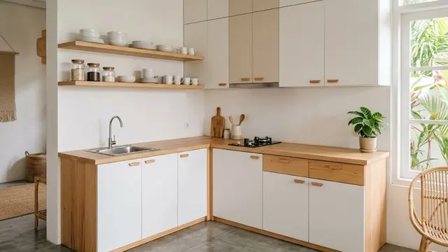 Dapur L Mungil dengan Kabinet Tinggi